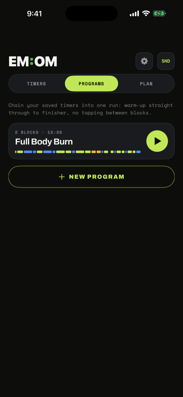 EM:OM Programs tab showing a Full Body Burn program made of 2 blocks totalling 12:20.