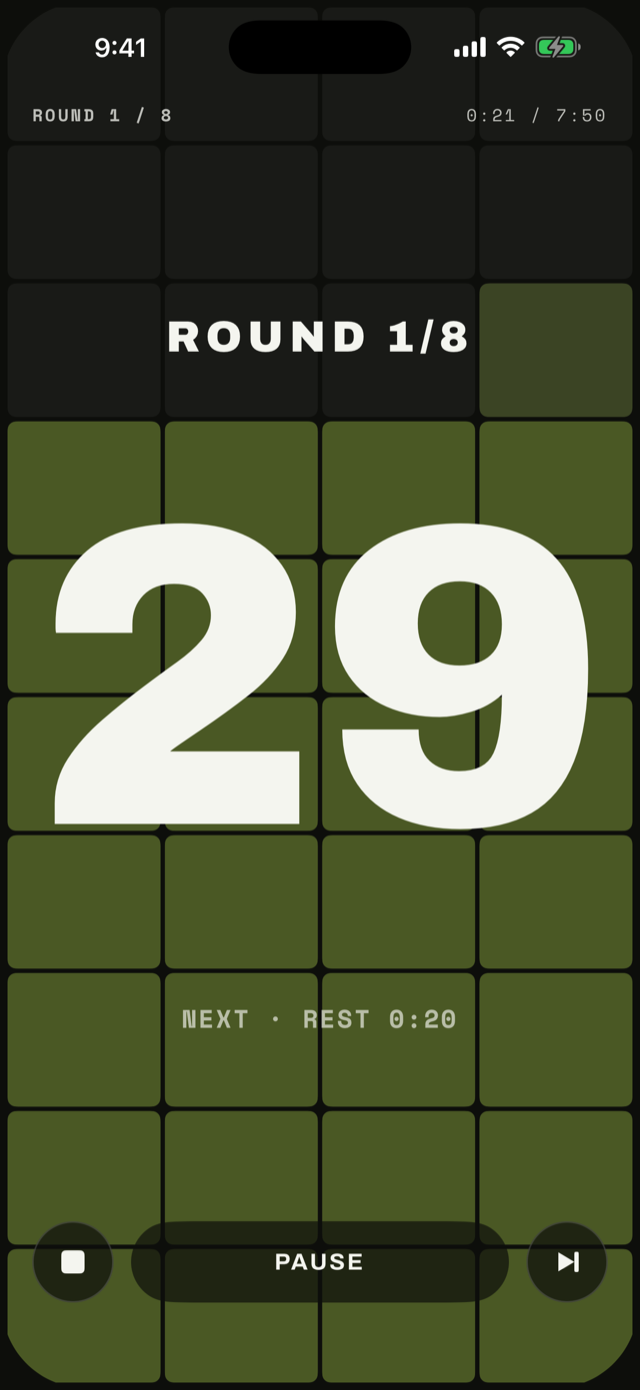 EM:OM run screen in the Tally field style: a grid with one cell per second of the interval, spent cells gone dark, behind a large 29 second countdown.